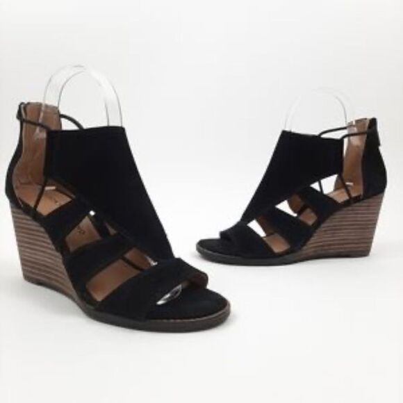 Lucky Brand Joellen Black Suede Wedge Heels Sz 8.5 - Picture 1 of 7